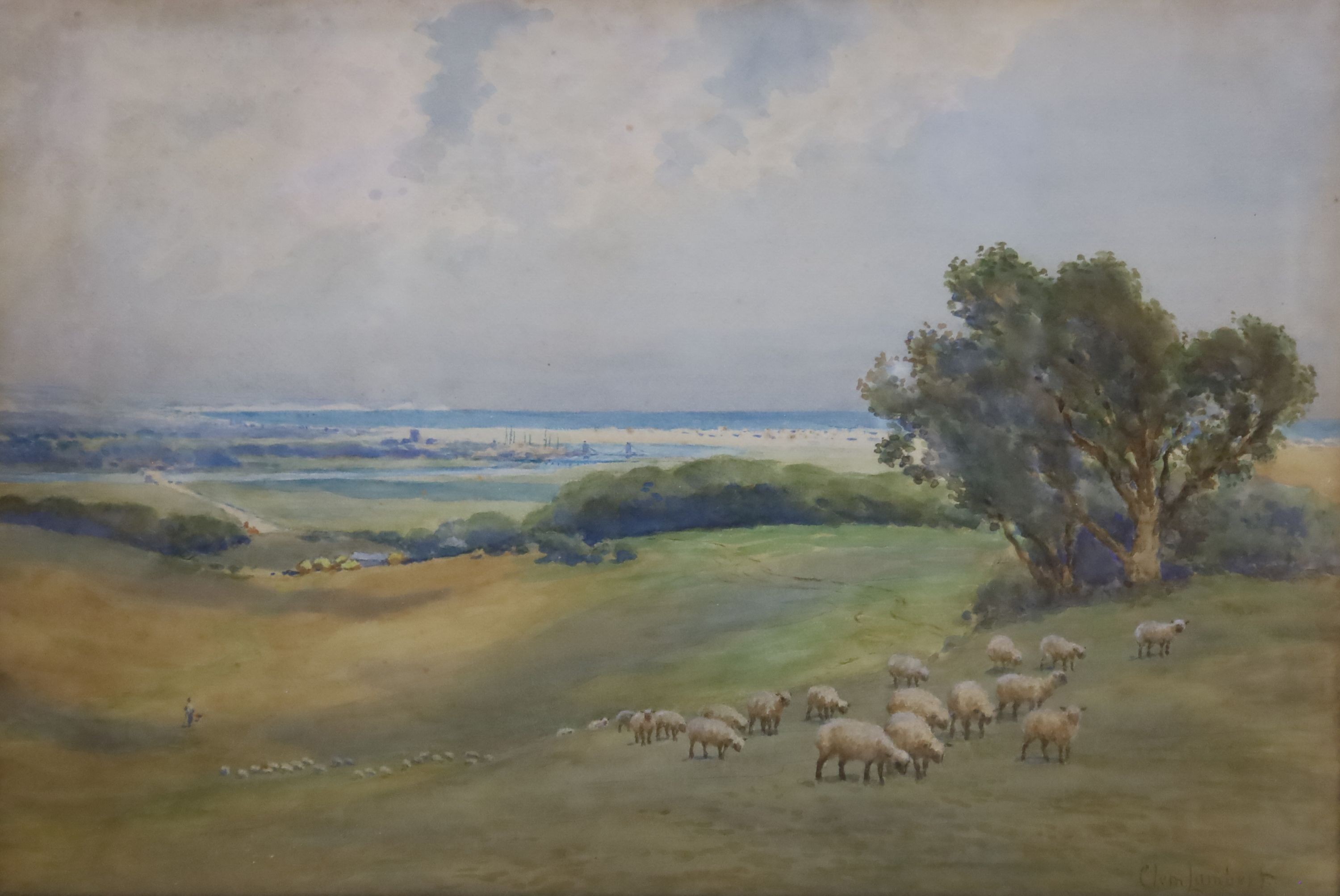 Clement Lambert (1855-1925), watercolour, 'My boyhood haunt' (View of Shoreham from Lancing Clump), signed, 34 x 52cm